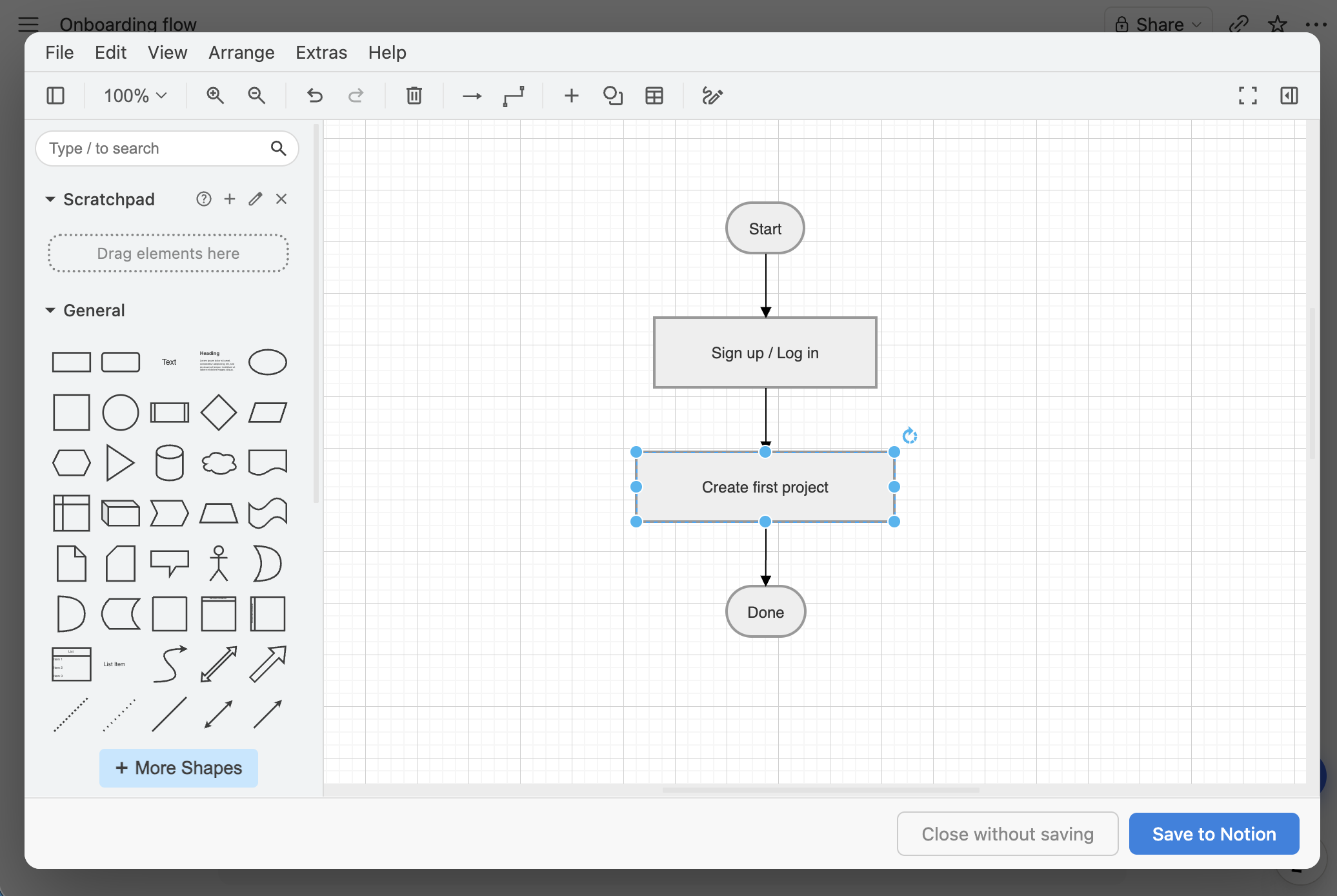 Notion diagram editor: a converted Notion AI Mermaid diagram open in the editable draw.io canvas inside Flowblock, ready to save back as a native Notion image block
